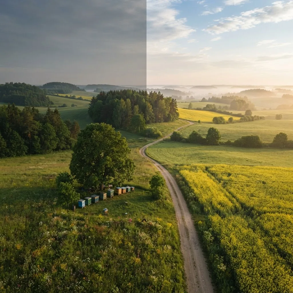 Lietuvos kaimo vaizdas su mediniais aviliais pievos pakraštyje ir žydinčiais laukais